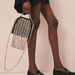 House of Harlow 1960 Black Bag with Silver Chain and Waterfall Rhinestone